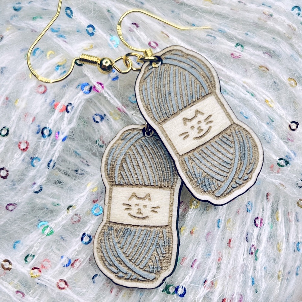 Handcrafted wooden yarn skein drop earrings, grey kitty cats